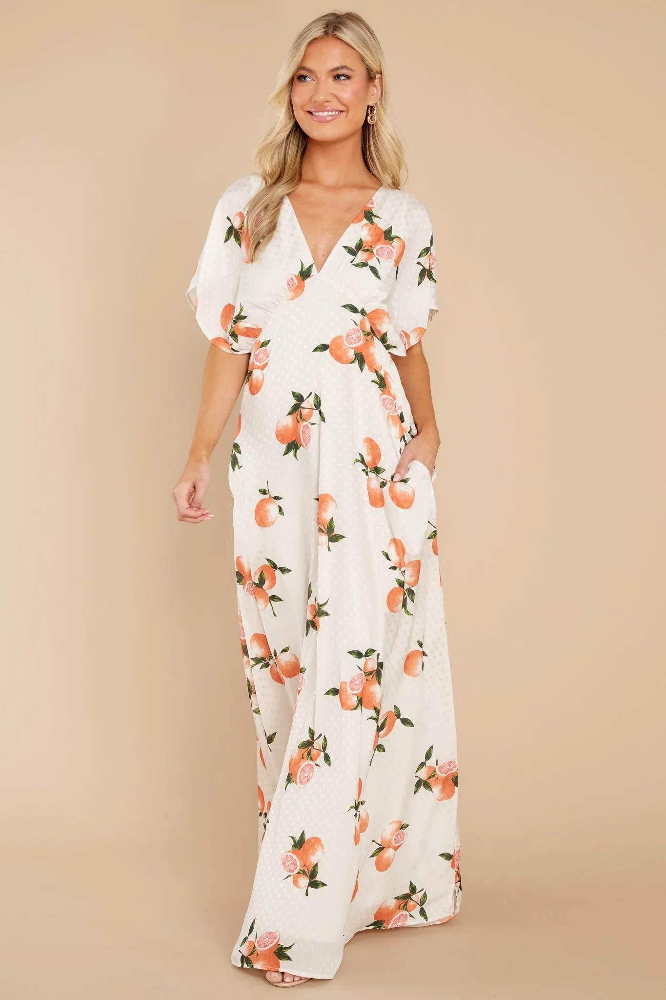 Dianella Grapefruit Print Satin Flutter Sleeve Maxi Dress