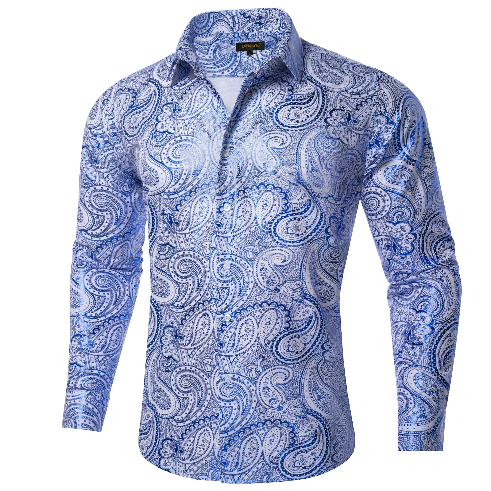 DiBanGu Blue Paisley Hot Stamping Button Up Long Sleeve Shirt for Men