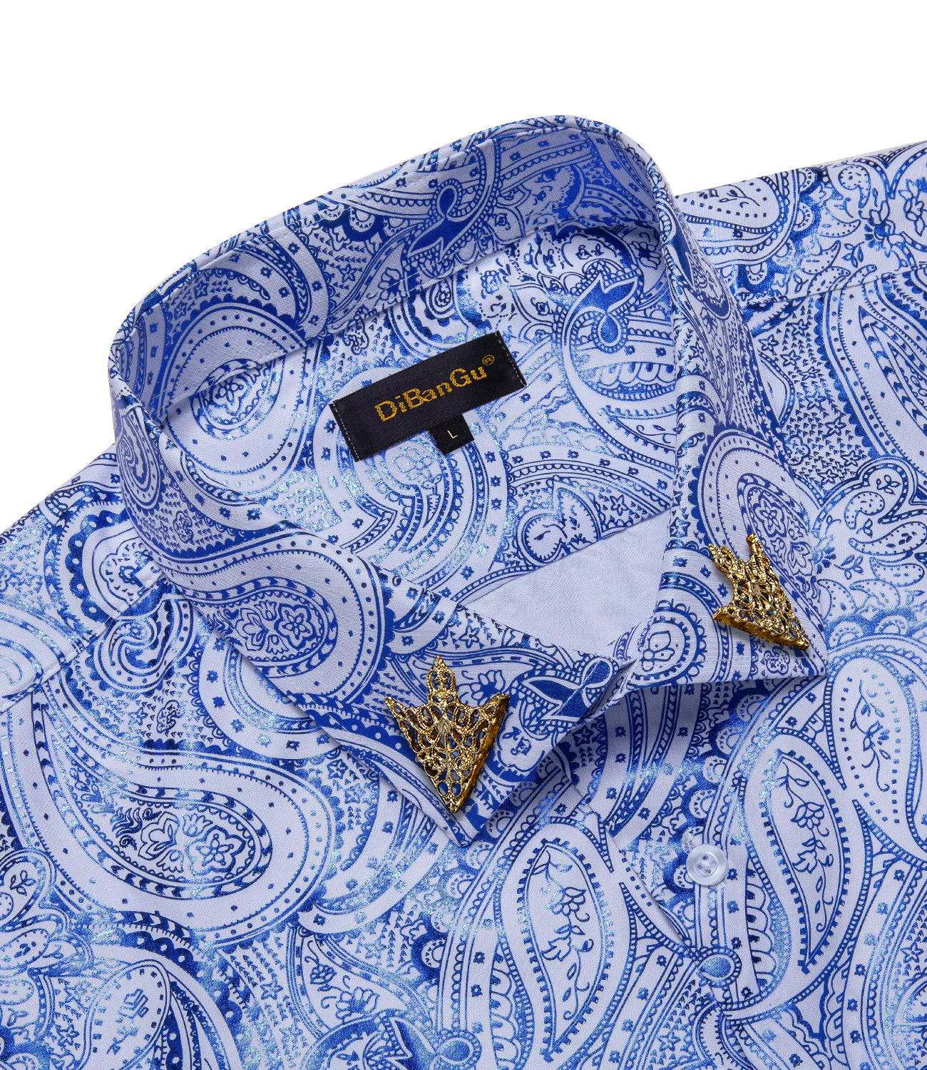 DiBanGu Blue Paisley Hot Stamping Button Up Long Sleeve Shirt for Men