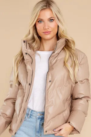 Downtown Tan Faux Leather Puffer Jacket