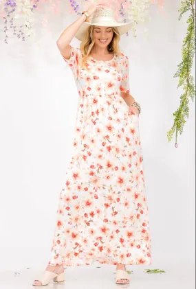 Dress - Modest Easter Maxi, Ivory/Peach Florals, Also Plus Size