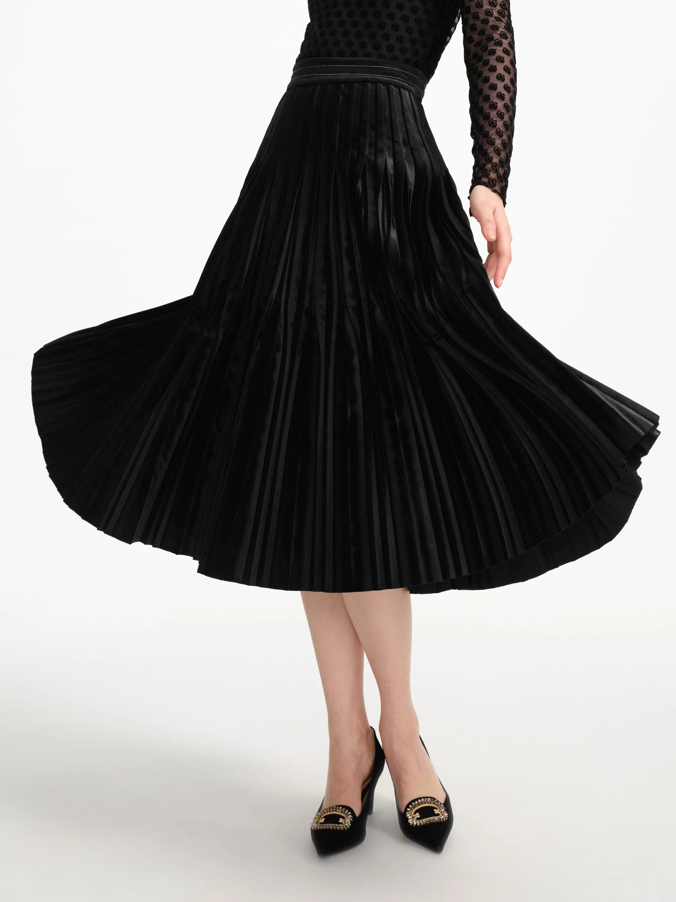 EP YAYING Velvet Pleated Midi Skirt