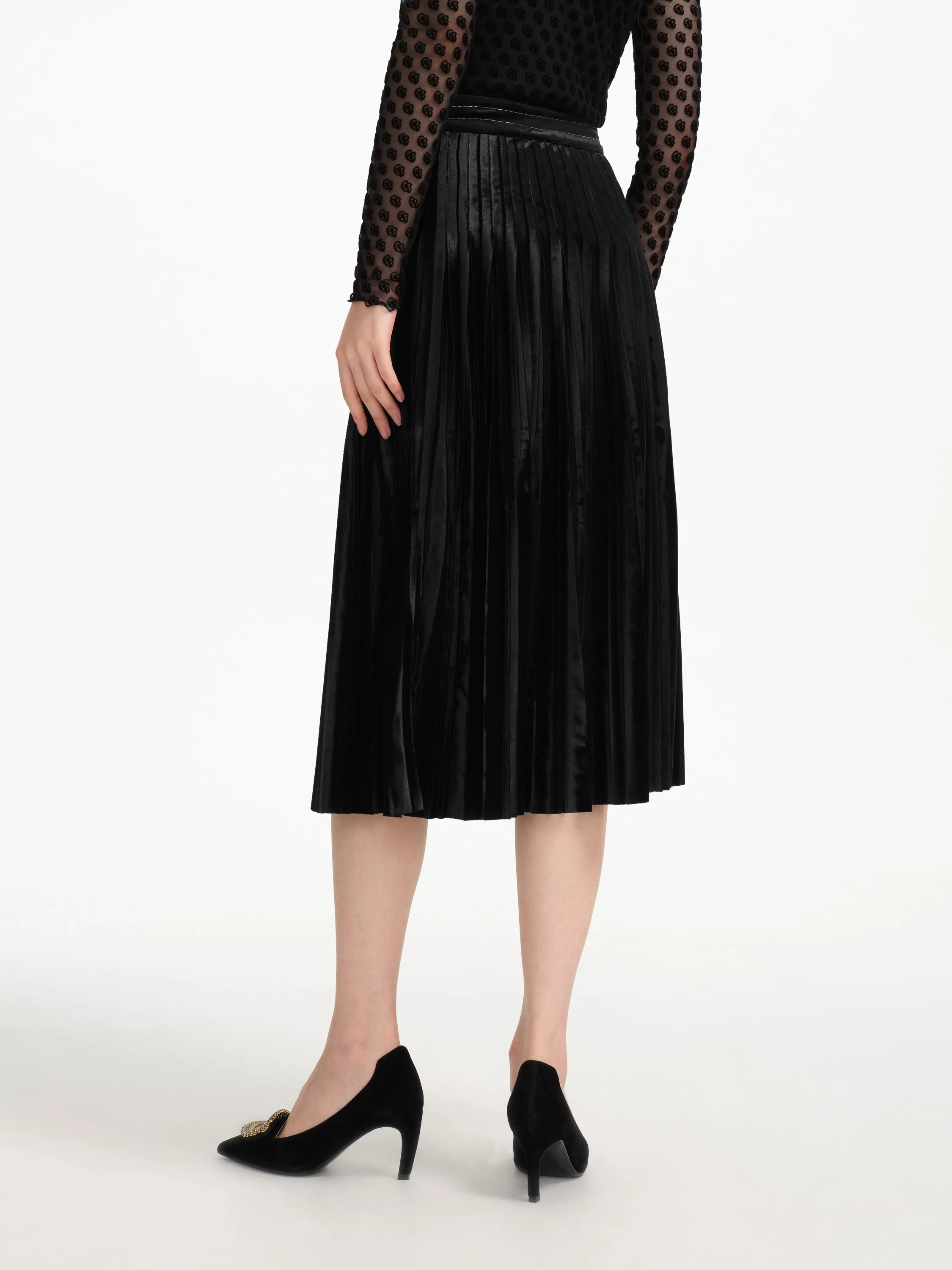 EP YAYING Velvet Pleated Midi Skirt