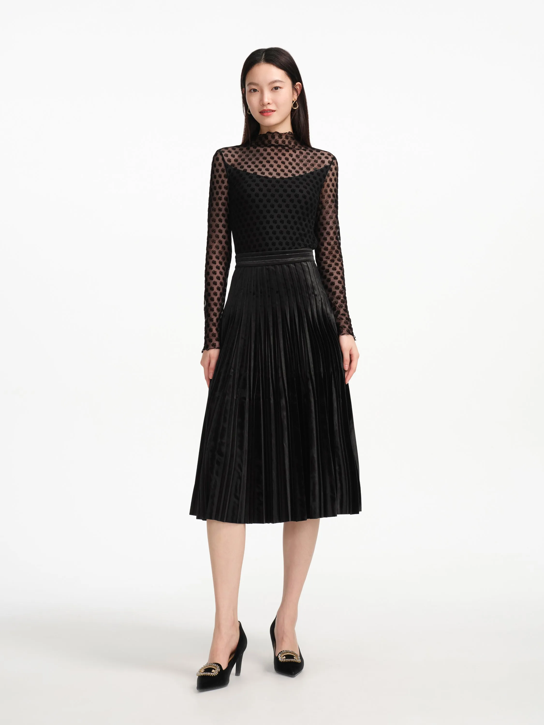 EP YAYING Velvet Pleated Midi Skirt