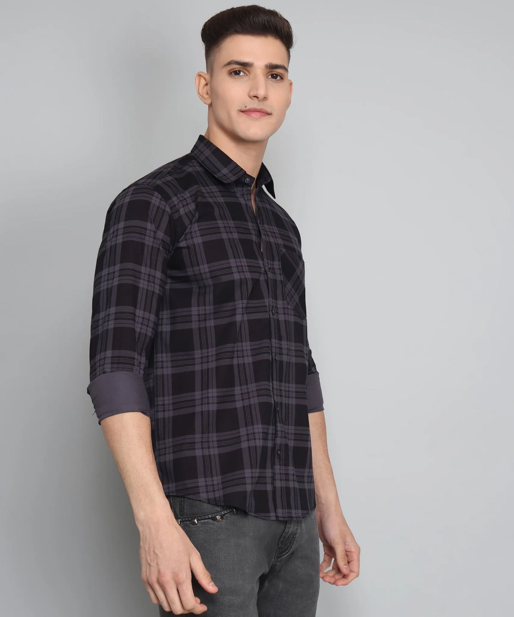 Exclusive TryBuy Premium Black Grey Check Cotton Button-Up Shirt for Men