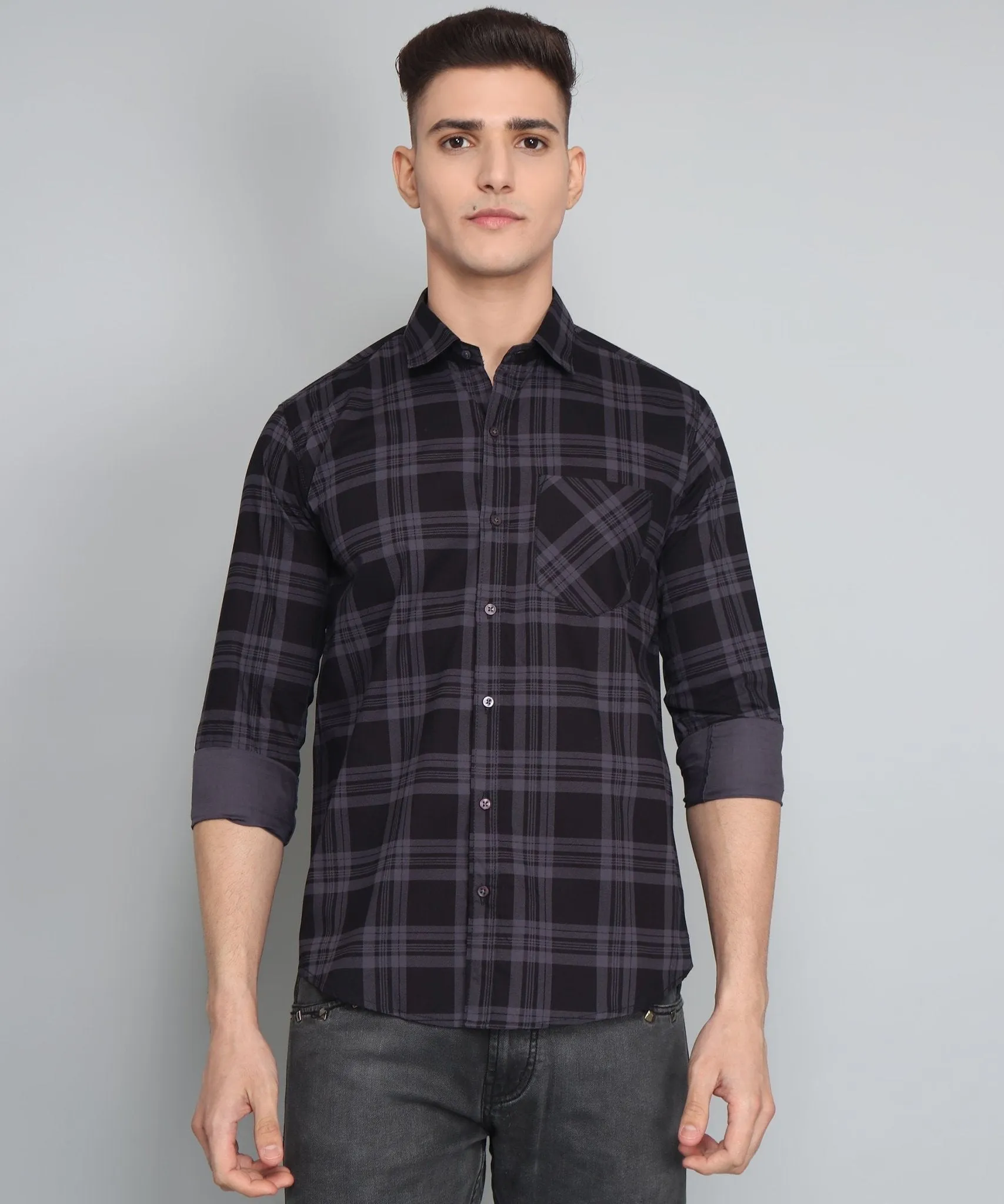 Exclusive TryBuy Premium Black Grey Check Cotton Button-Up Shirt for Men