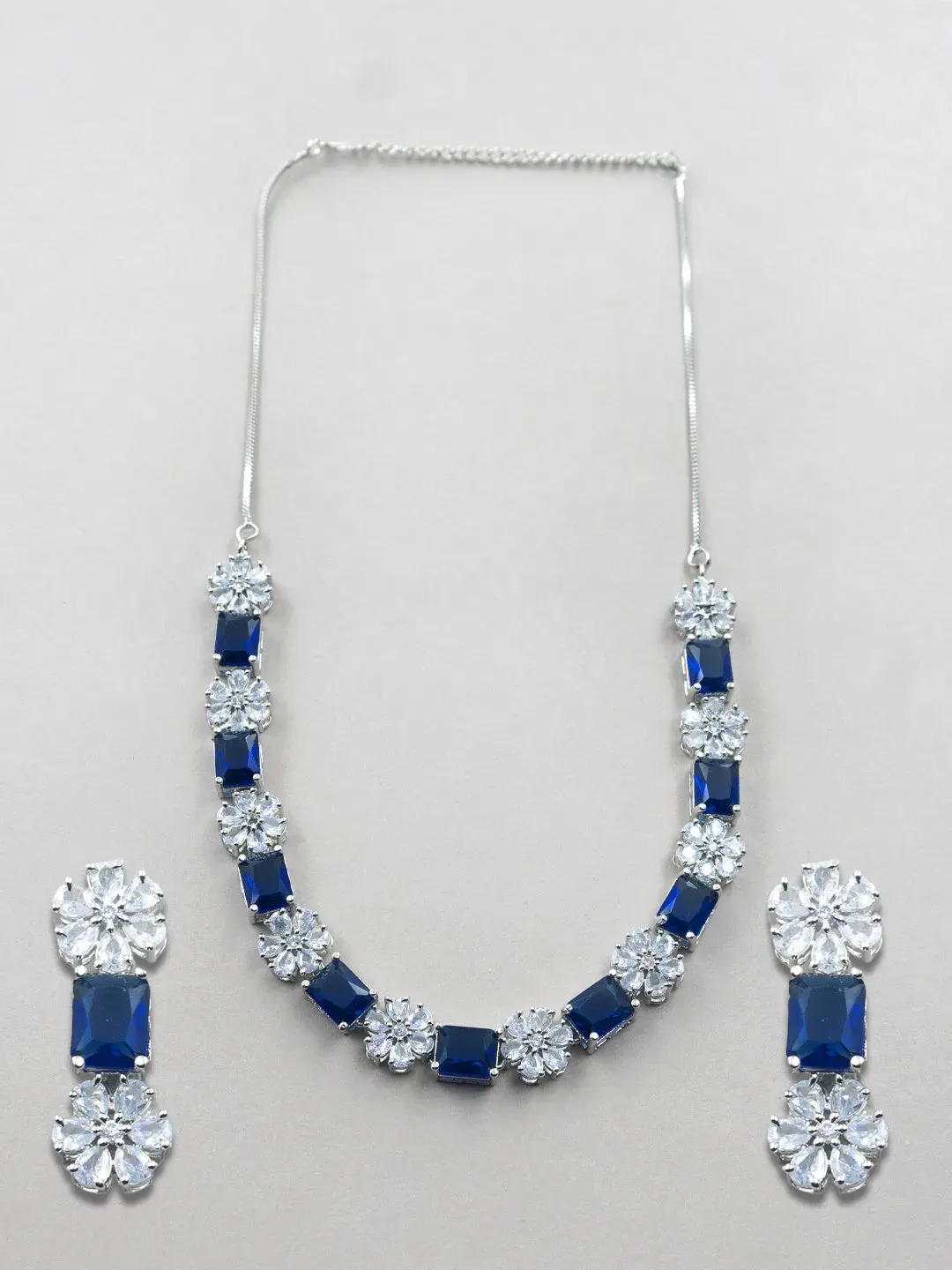 Exquisite Blue Flower Motif CZ Sleek Necklace Set