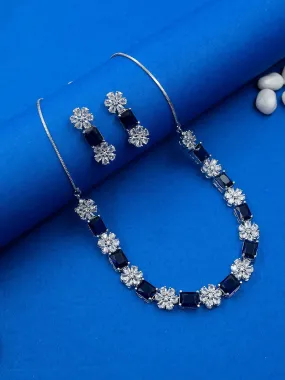 Exquisite Blue Flower Motif CZ Sleek Necklace Set