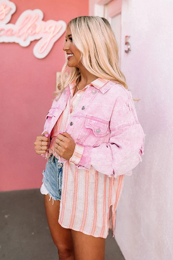 Famous Forever Distressed Denim Jacket In Pink