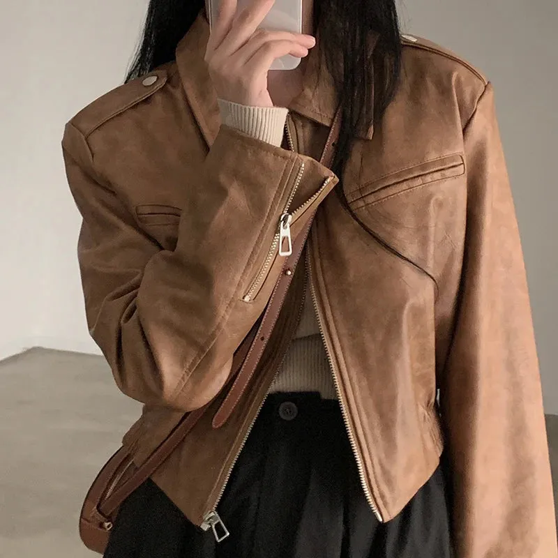 Fashion Black Cropped Autumn Jacket for Women 2023 Zip-Up All-Match PU Leather Jackets Coat Outfits Basic Full Sleeve