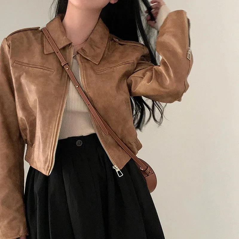 Fashion Black Cropped Autumn Jacket for Women 2023 Zip-Up All-Match PU Leather Jackets Coat Outfits Basic Full Sleeve