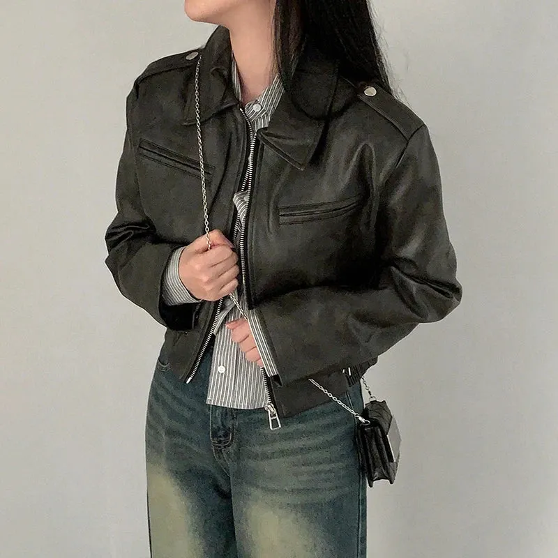 Fashion Black Cropped Autumn Jacket for Women 2023 Zip-Up All-Match PU Leather Jackets Coat Outfits Basic Full Sleeve