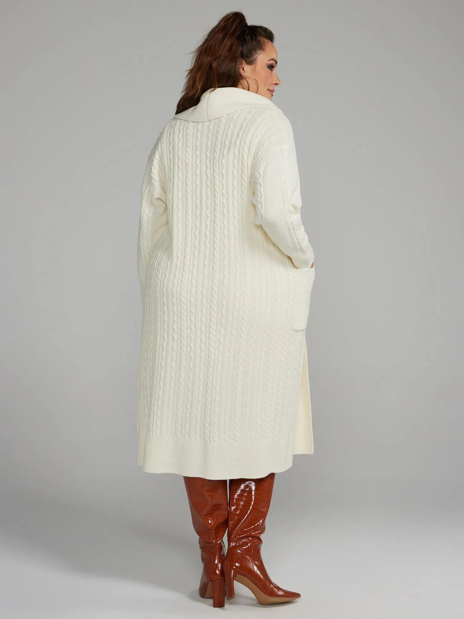 Fashion To Figure - Shawl Collar Cable Knit Long Cardigan