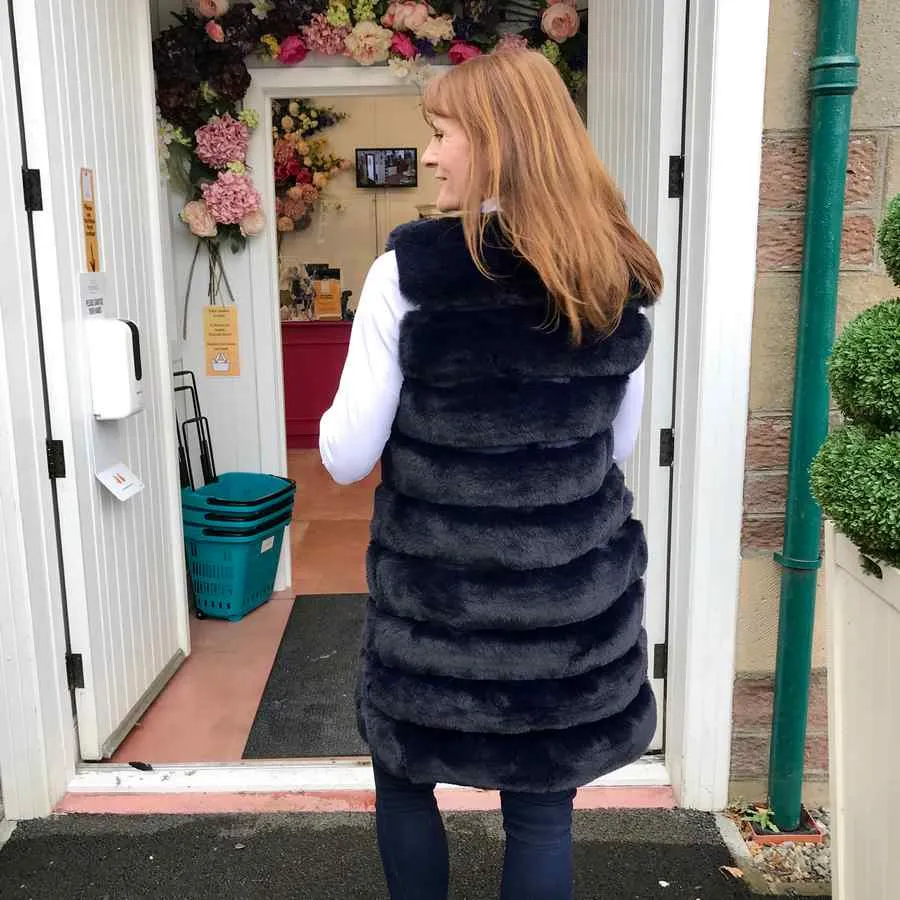 Faux Fur Long Gilet in Navy