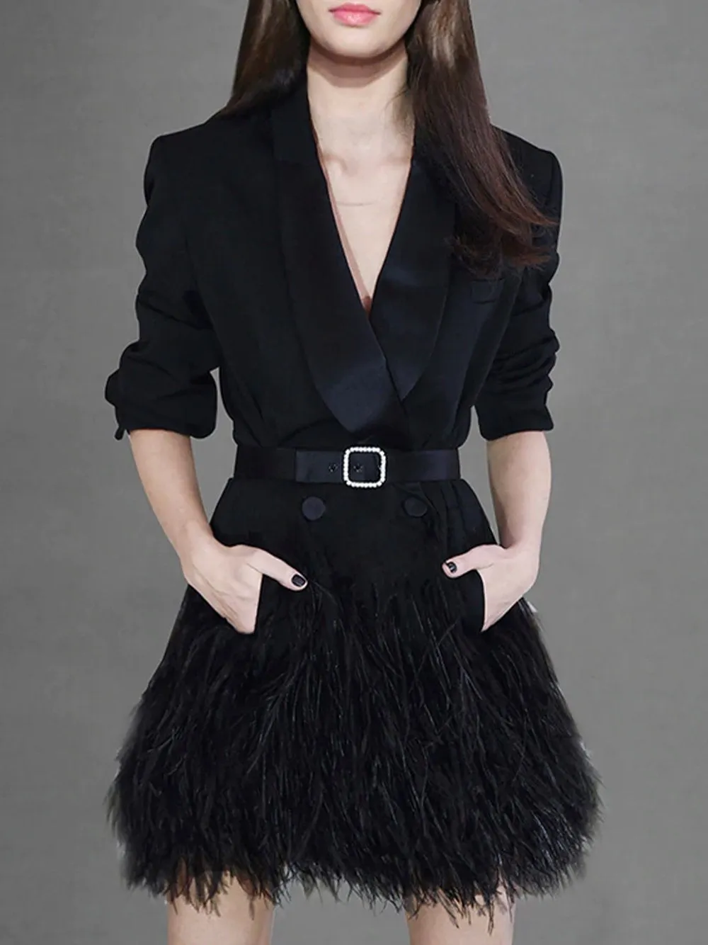 Feathers Tassel Hem Belted Blazer Dress