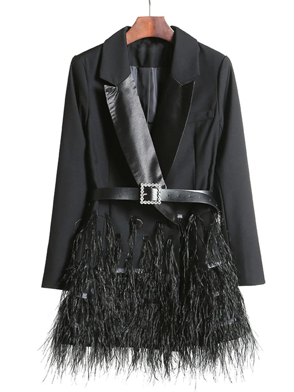 Feathers Tassel Hem Belted Blazer Dress