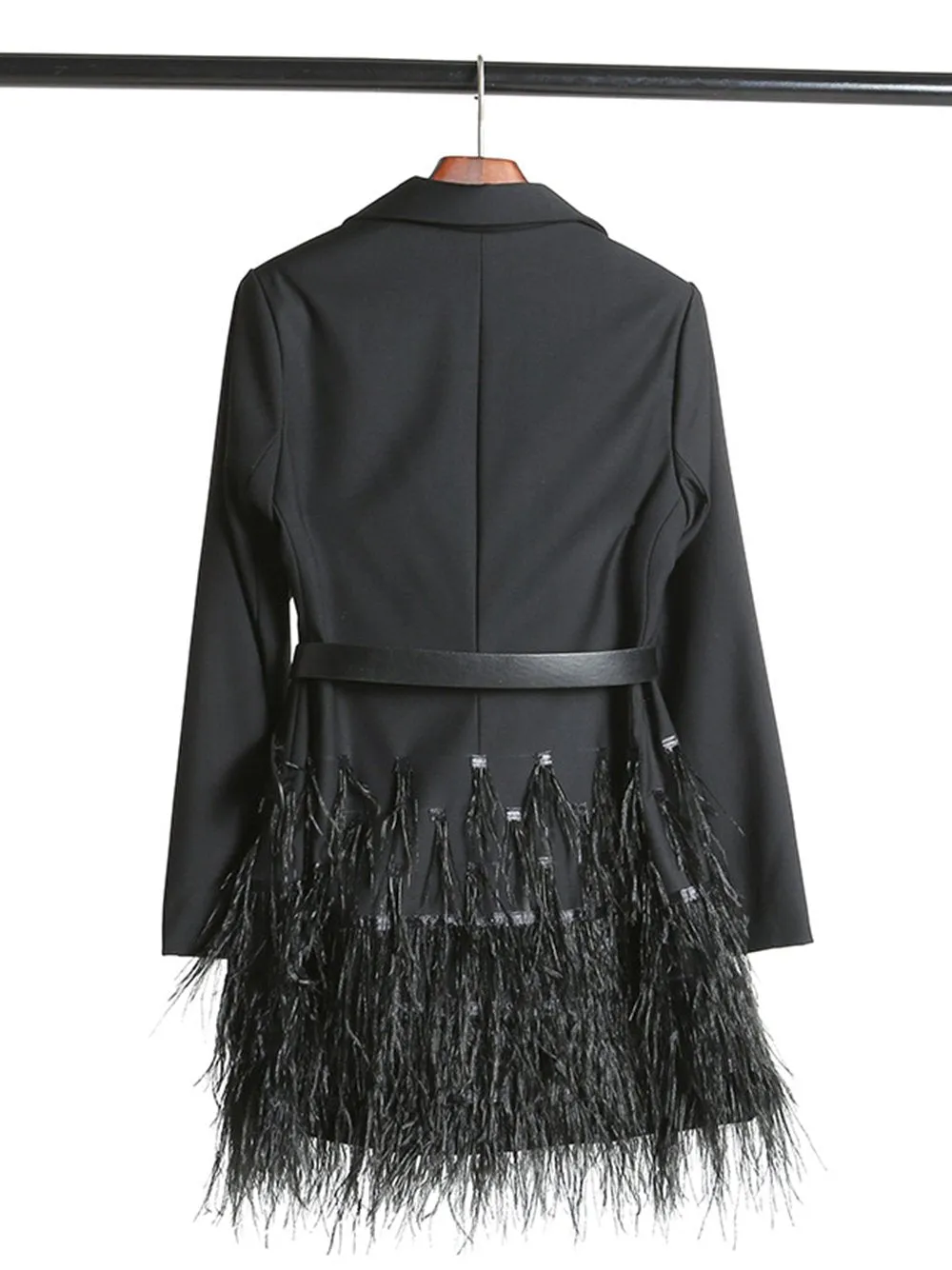 Feathers Tassel Hem Belted Blazer Dress