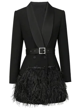 Feathers Tassel Hem Belted Blazer Dress