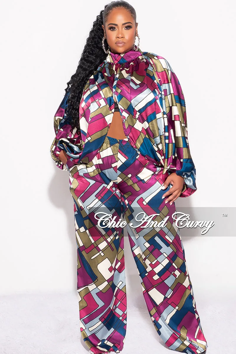 Final Sale Plus Size 2pc Stain Balloon Sleeve Crop Top and Palazzo Pants Set Multi Color Print