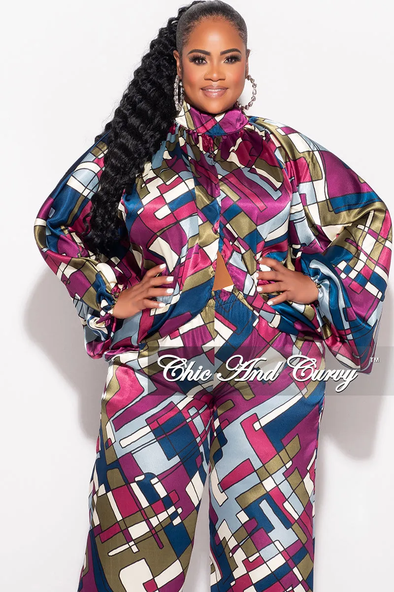 Final Sale Plus Size 2pc Stain Balloon Sleeve Crop Top and Palazzo Pants Set Multi Color Print