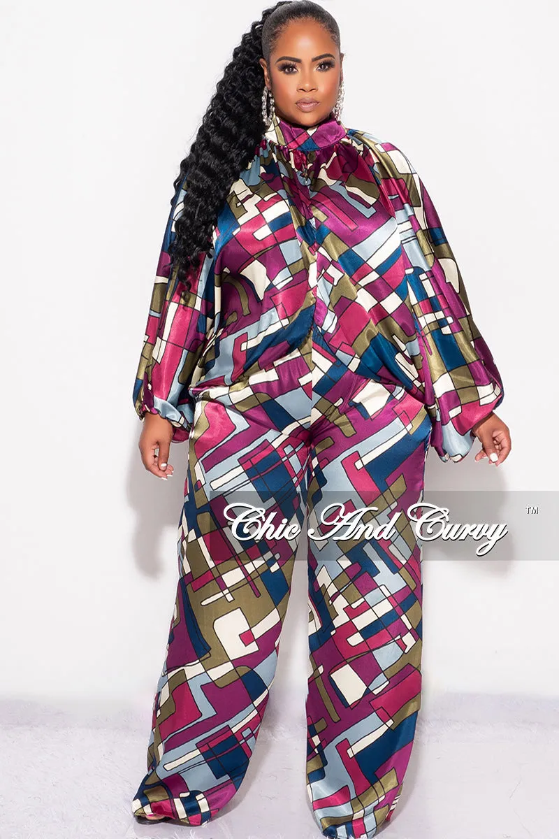 Final Sale Plus Size 2pc Stain Balloon Sleeve Crop Top and Palazzo Pants Set Multi Color Print