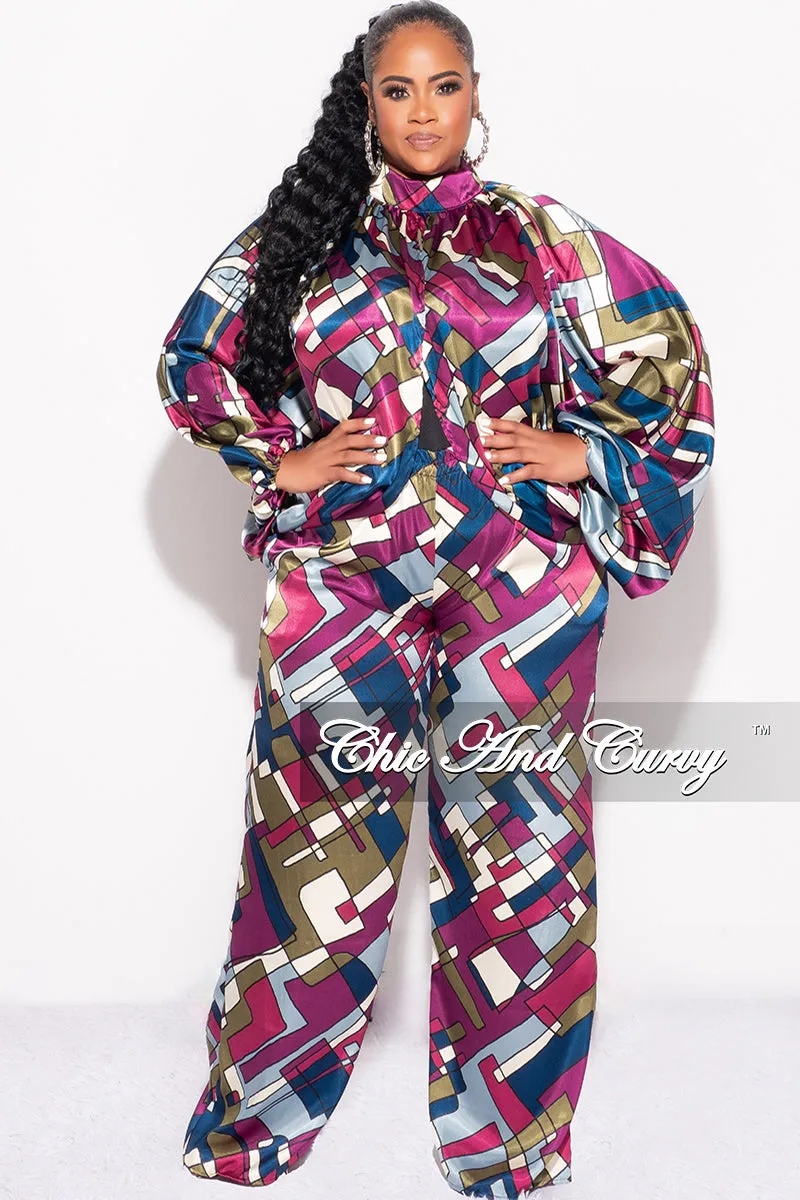 Final Sale Plus Size 2pc Stain Balloon Sleeve Crop Top and Palazzo Pants Set Multi Color Print