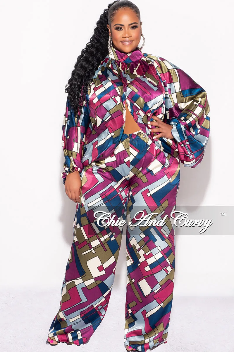 Final Sale Plus Size 2pc Stain Balloon Sleeve Crop Top and Palazzo Pants Set Multi Color Print