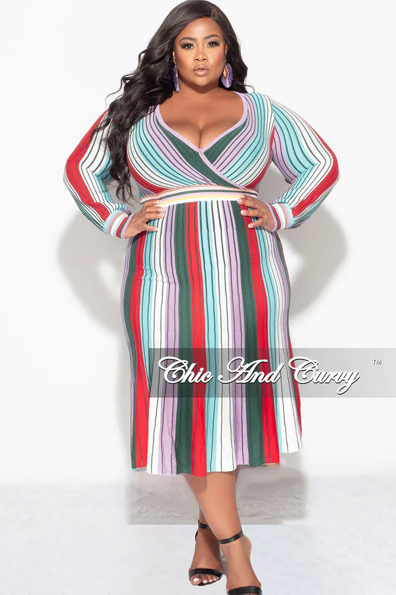 Final Sale Plus Size Sweater Dress with Tie Multi Color Stripe Print