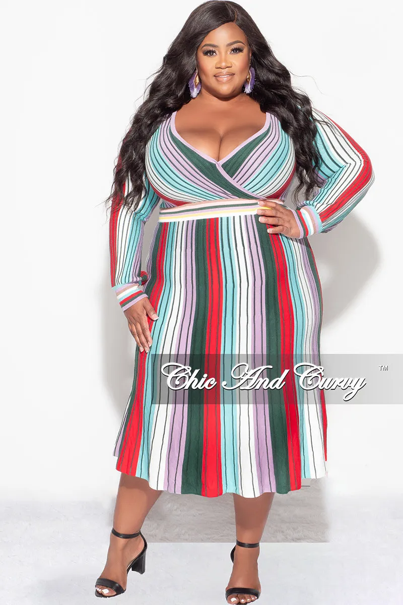 Final Sale Plus Size Sweater Dress with Tie Multi Color Stripe Print