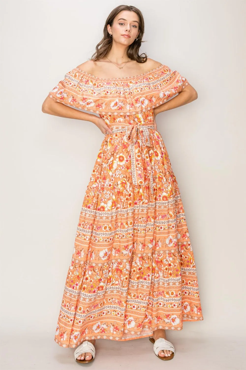 Floral Off-Shoulder Tie Front Maxi Dress