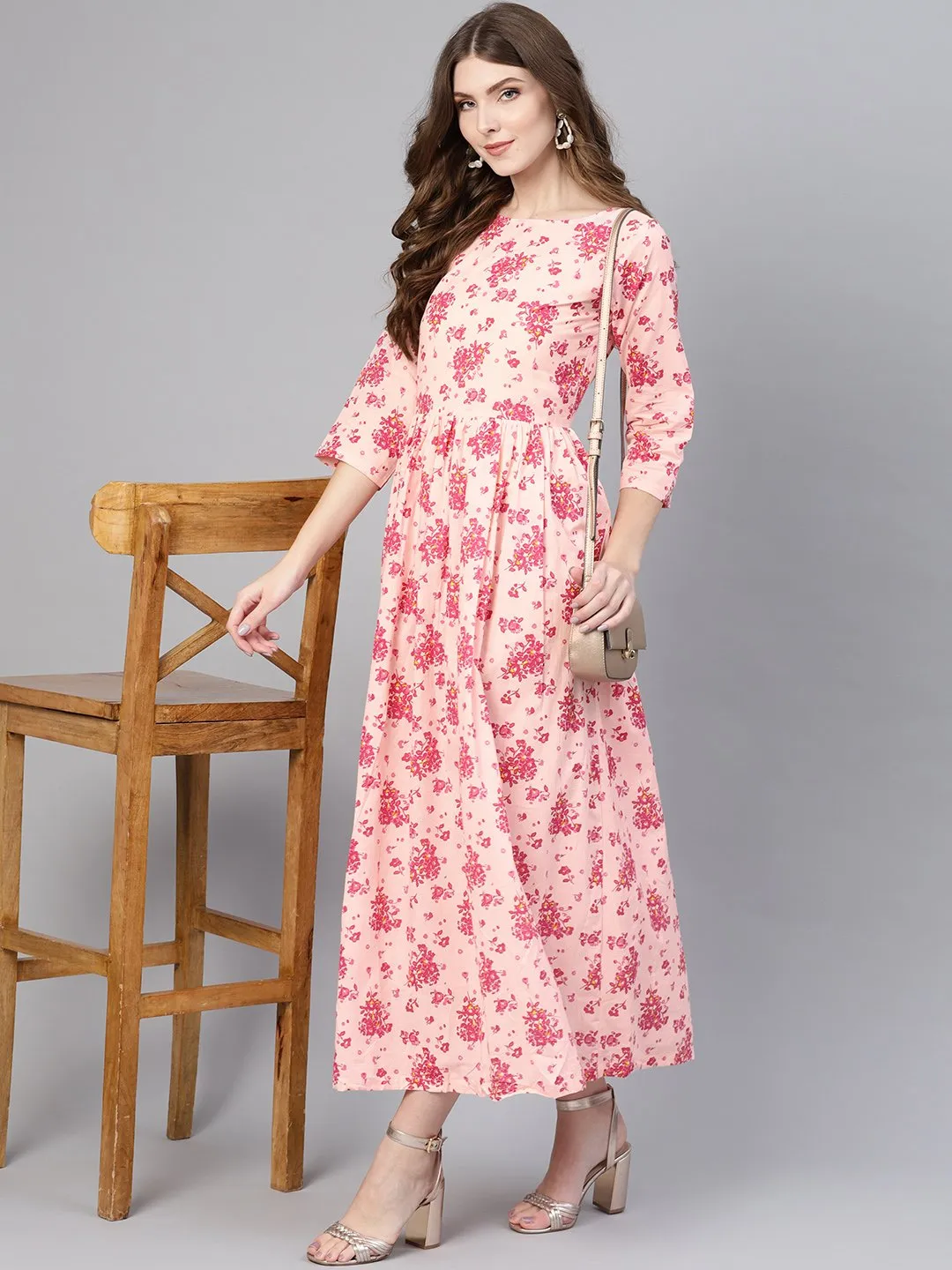 Floral Printed Pink Round Neck With 3/4Th Sleeves Gathered Maxi Dress