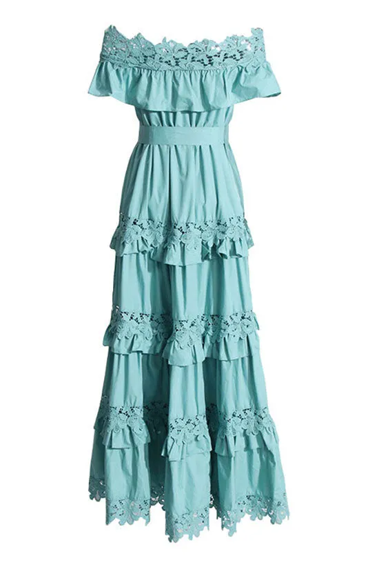 Flowy Guipure Lace Off Shoulder Belted Tiered Ruffle Beach Vacation Maxi Dress