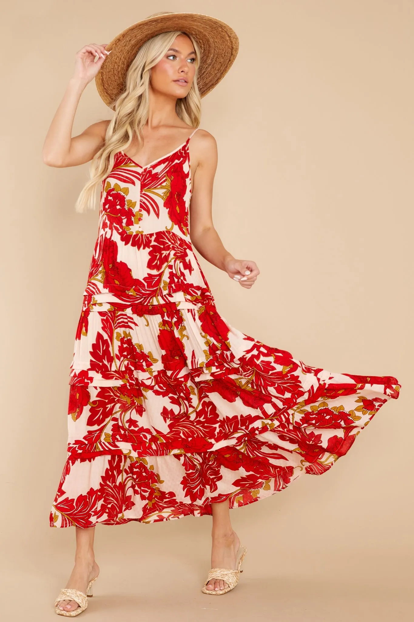 For The Roses Red Floral Button Maxi Dress