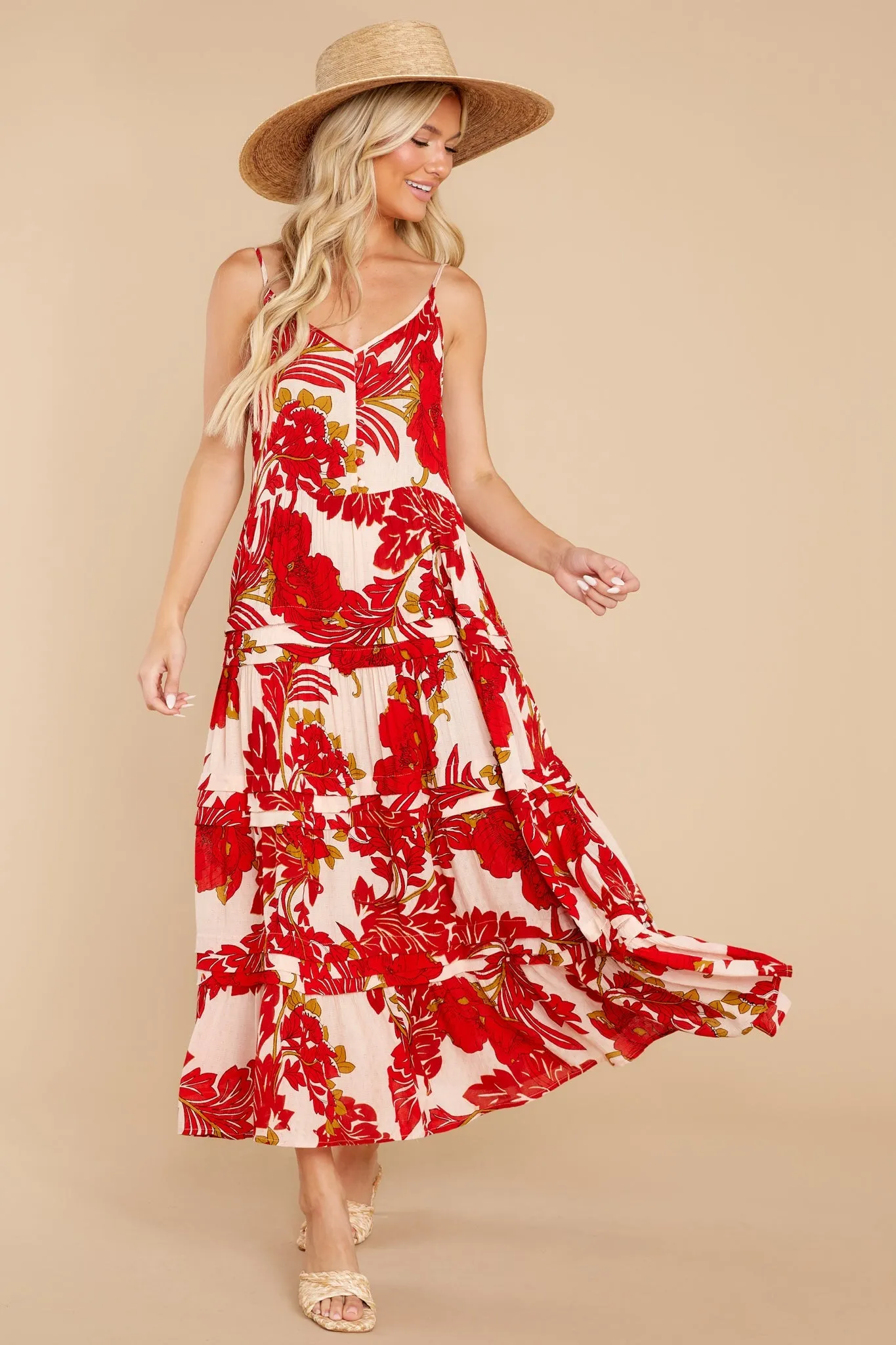 For The Roses Red Floral Button Maxi Dress