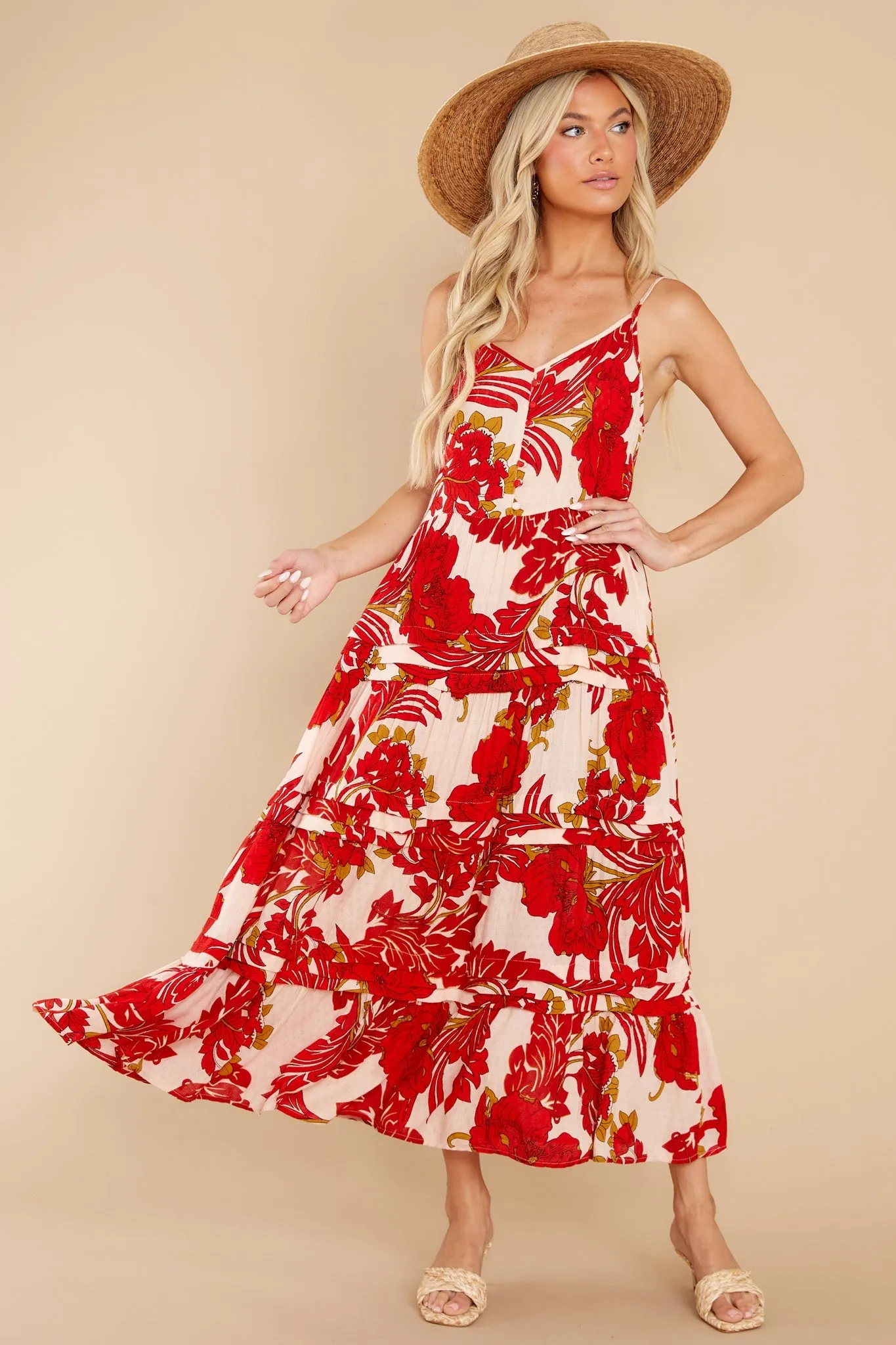 For The Roses Red Floral Button Maxi Dress