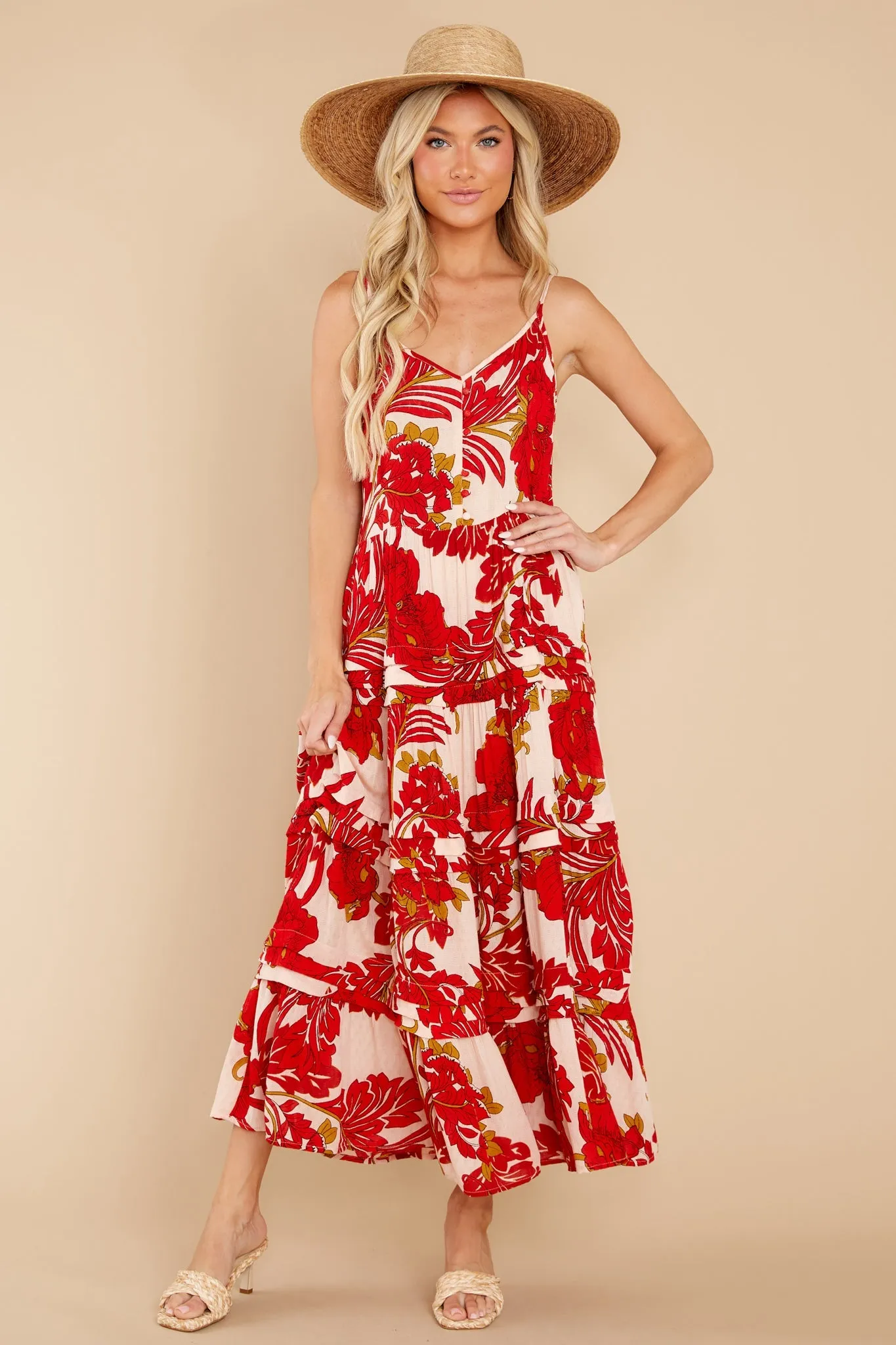 For The Roses Red Floral Button Maxi Dress