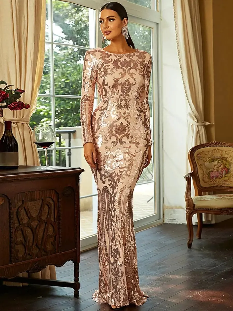 Formal Long Sleeve Sequin Evening Dress FT8578