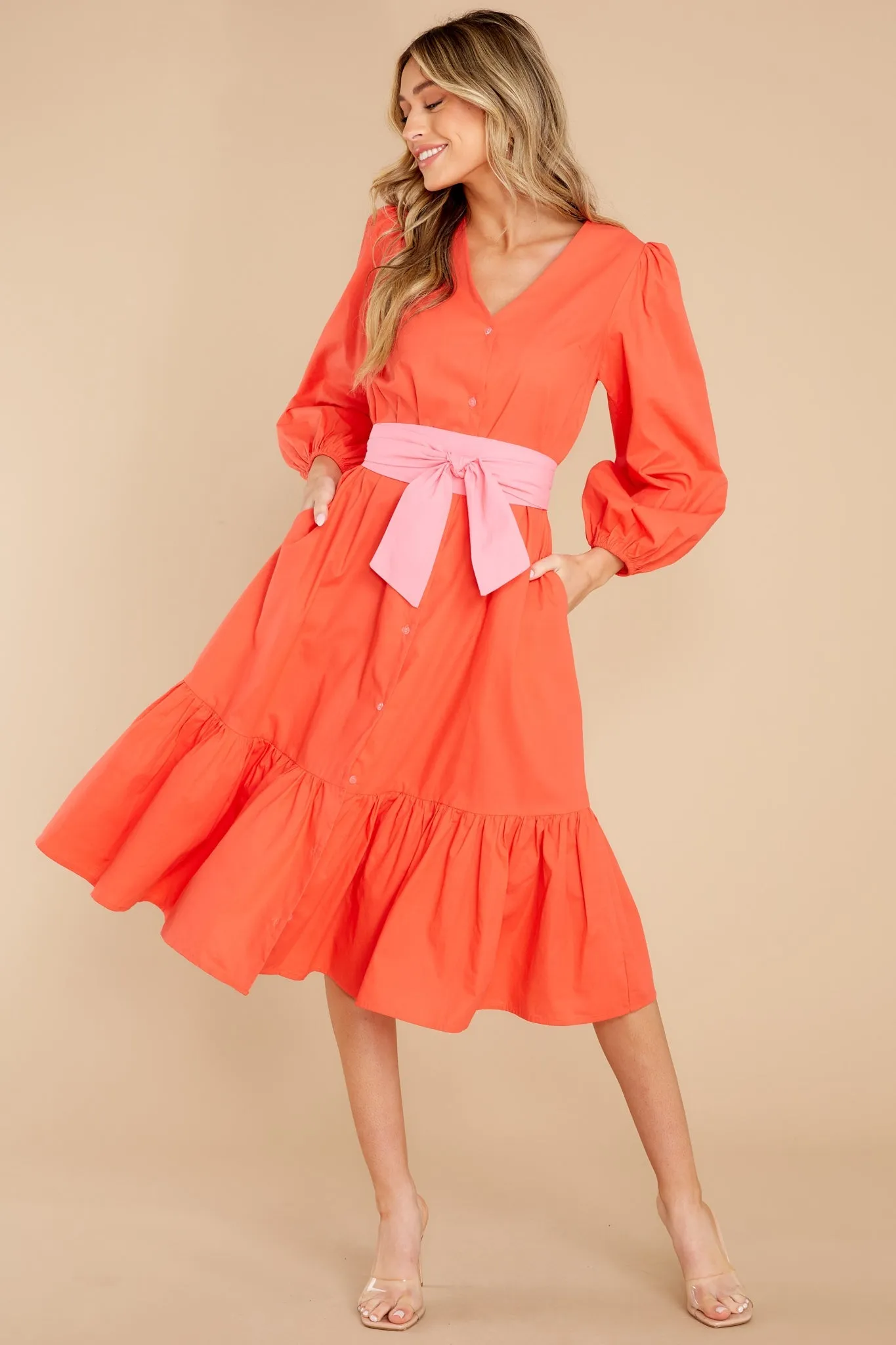 Friend Zone Coral Orange Midi Dress