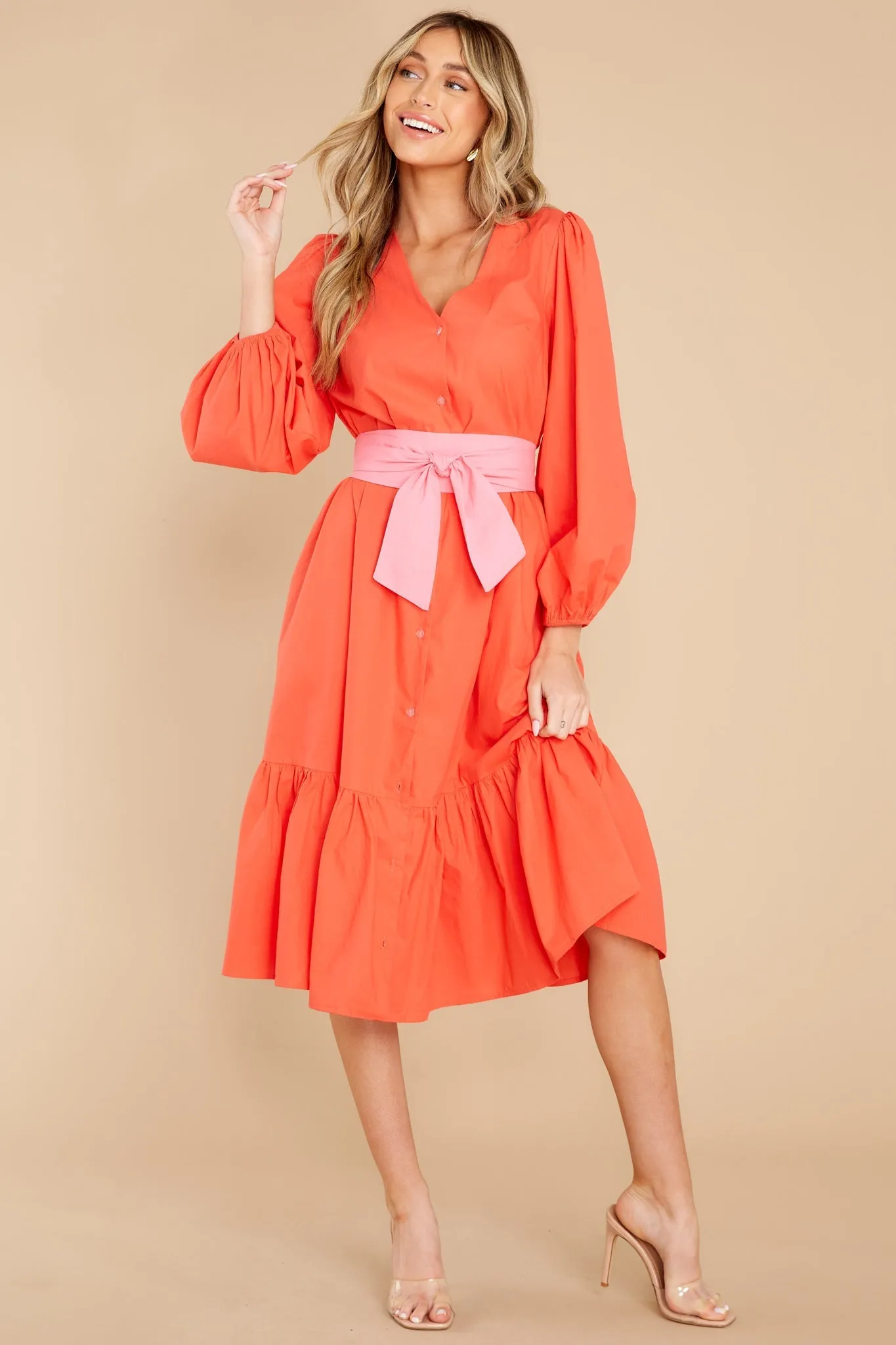 Friend Zone Coral Orange Midi Dress