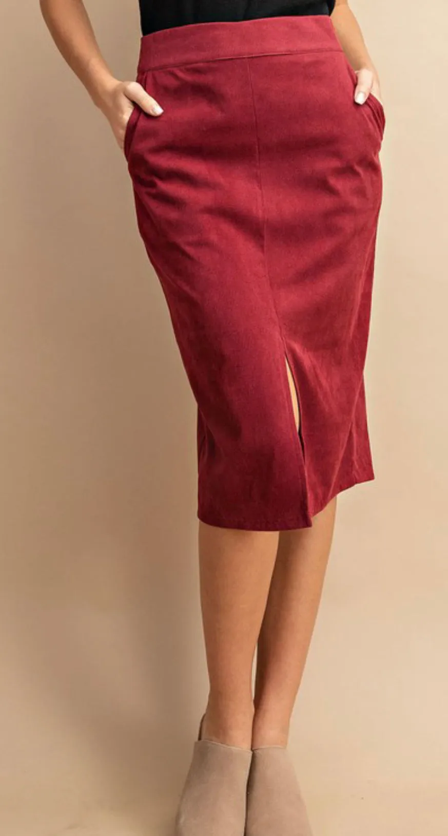 Front Slit Corduroy Midi Skirt