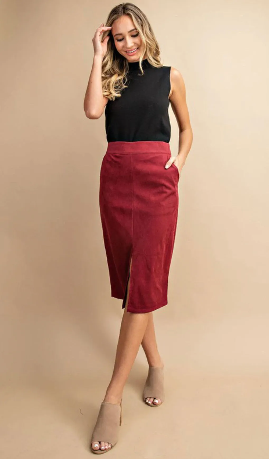 Front Slit Corduroy Midi Skirt