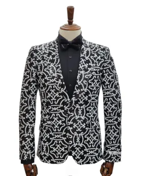 Giovanni Testi 1 Button Slim Fit Peak Lapel Sequin Suit GT1P-3499 Blk/Wht