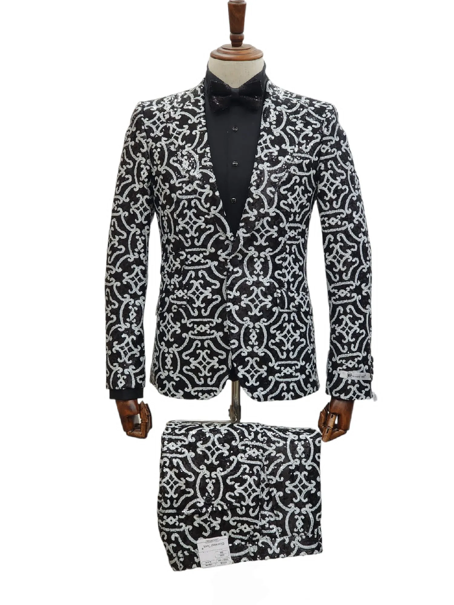 Giovanni Testi 1 Button Slim Fit Peak Lapel Sequin Suit GT1P-3499 Blk/Wht