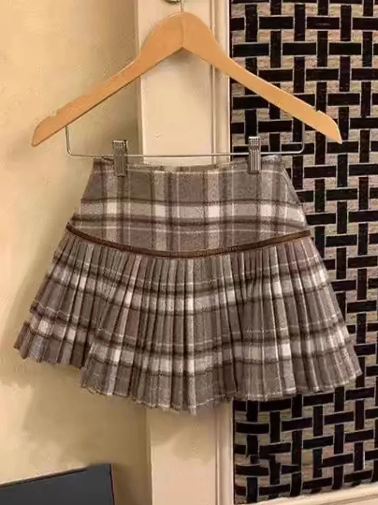 Girlary Preppy Style Sweet Plaid Pleated Skirt for Women Y2k 200s Vintage High Waist Mini Skirt 2024 NewAutumn Winter Female Clothing