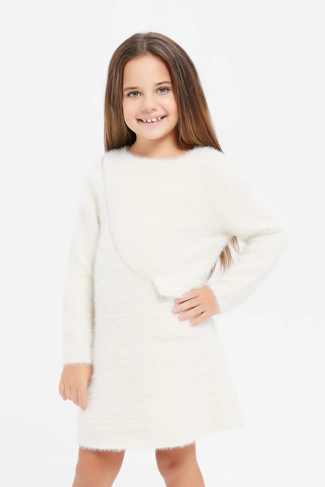 Girls Cream Sweater Feather Dress