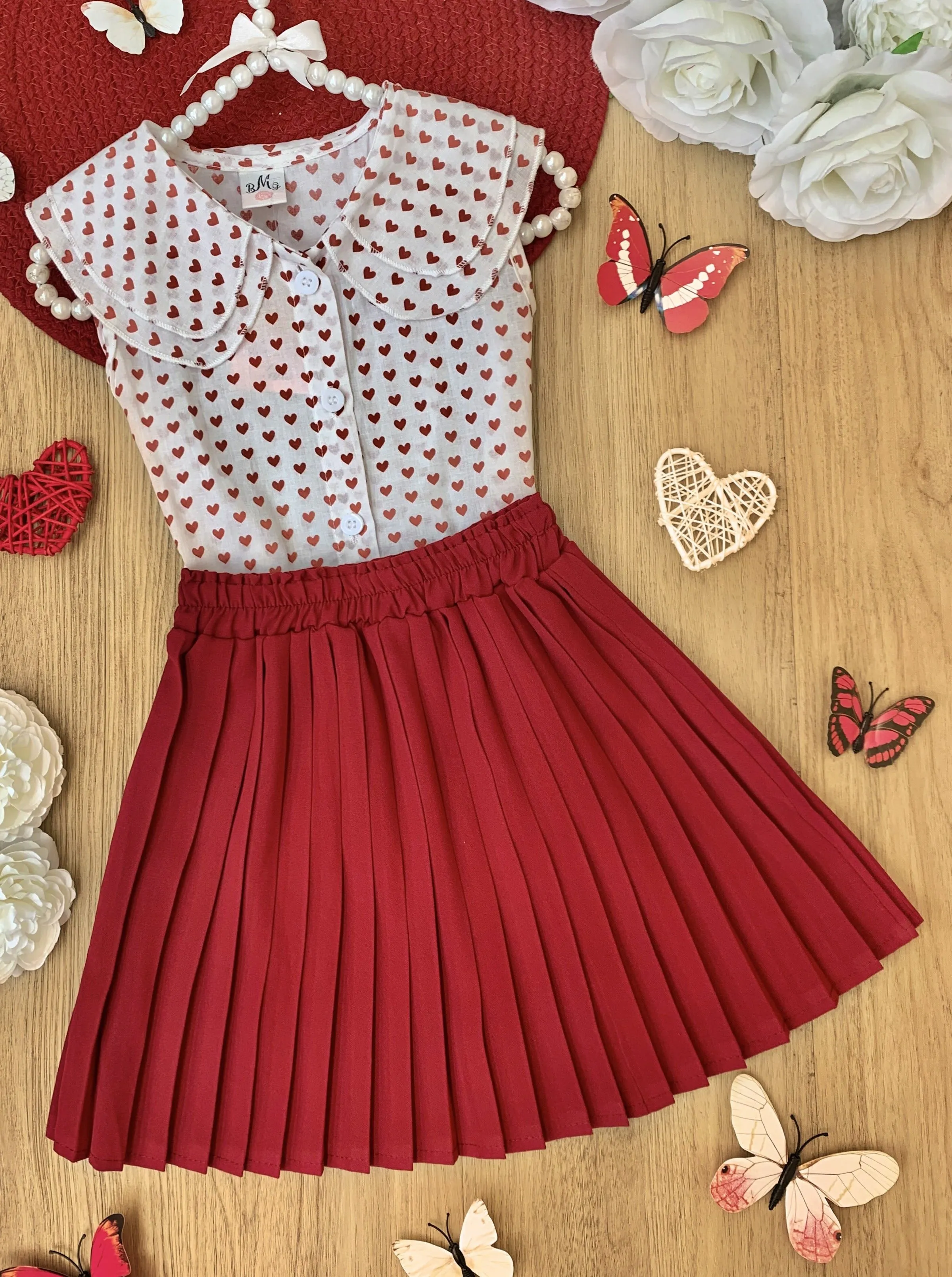 Girls Little Hearts Top and Pleated Skirt Set