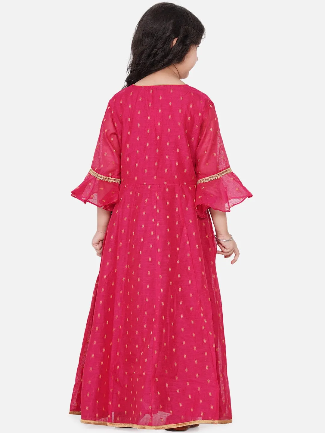 Girls Pink Bell Sleeves Ethnic Maxi Dress