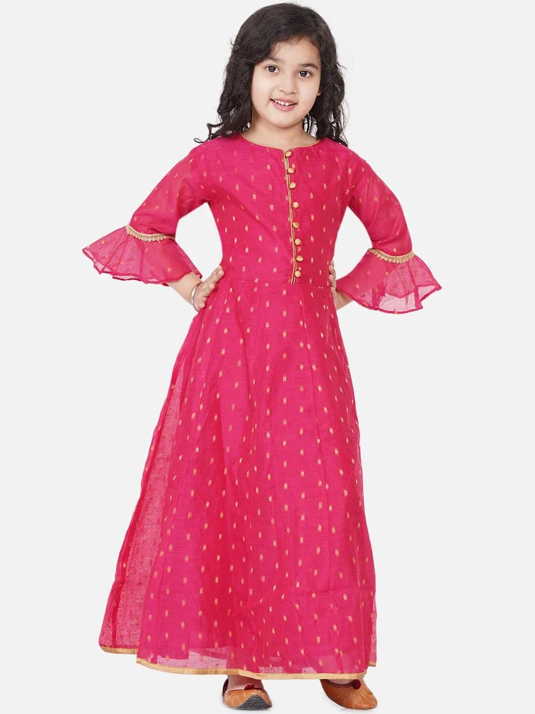 Girls Pink Bell Sleeves Ethnic Maxi Dress