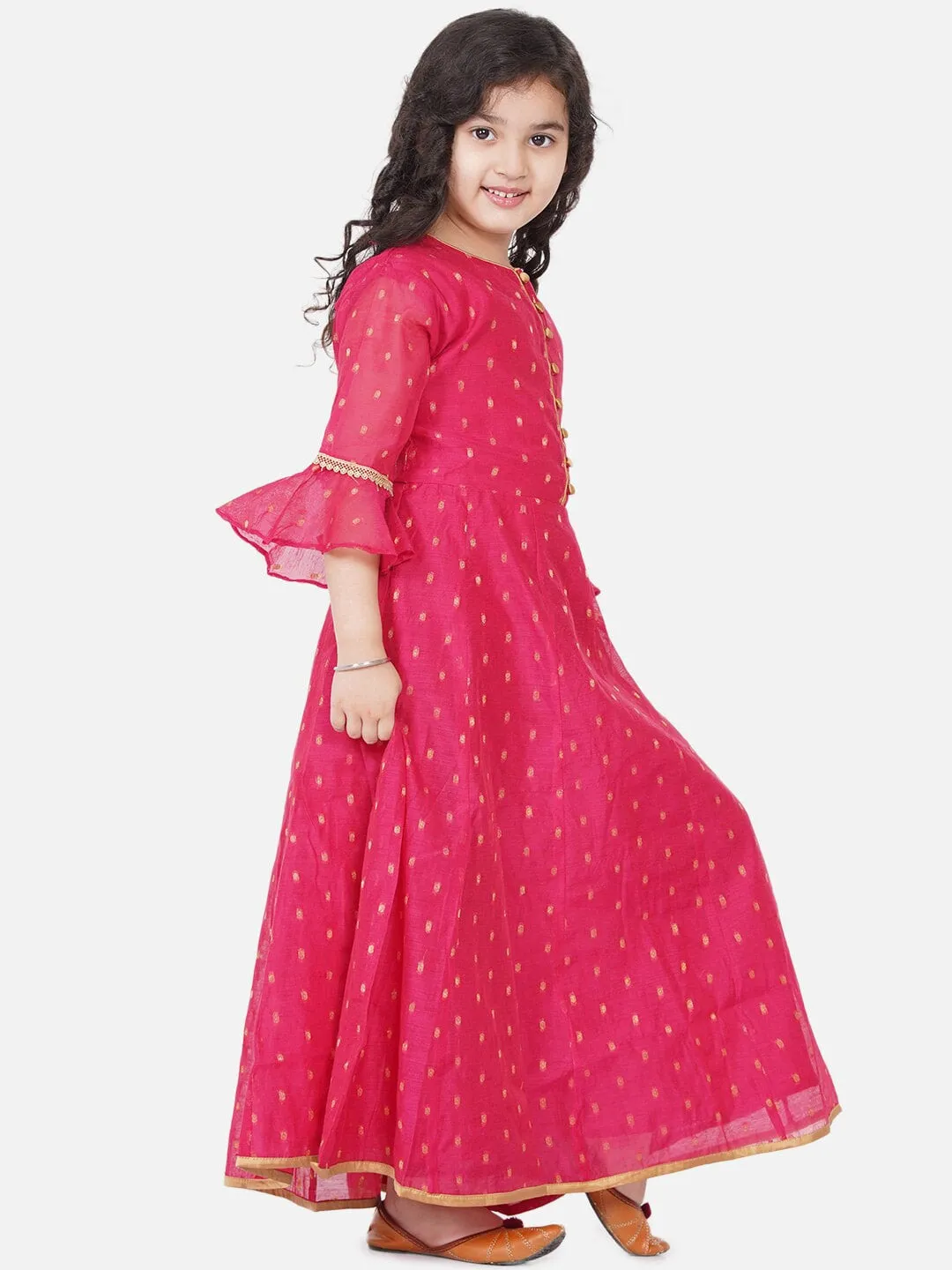 Girls Pink Bell Sleeves Ethnic Maxi Dress