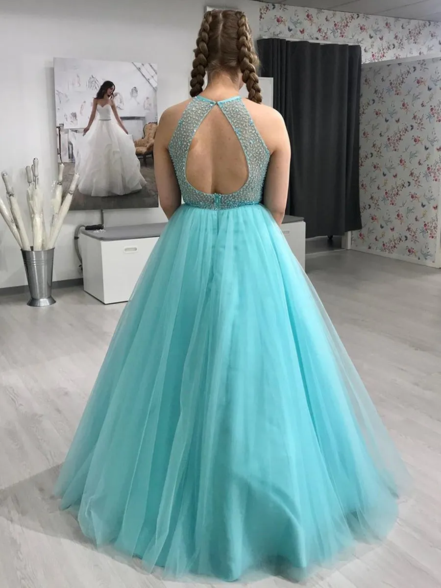 Gorgeous Round Neck Green Beaded Long Prom, Long Green Formal Evening